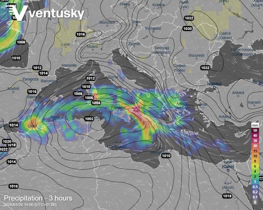 přízemní tlakové pole a srážky v úterý v 19h