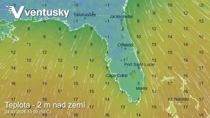 V úterý ráno klesnou teploty na Floridě místy lehce pod nulu, hlavně v severní polovině státu