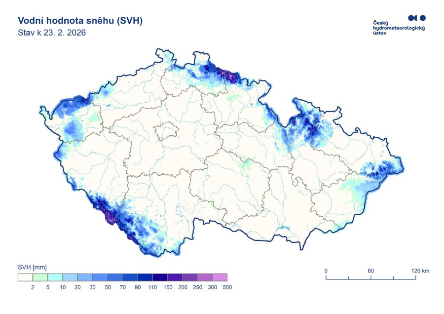 Rozložení vodní hodnoty sněhu v ČR