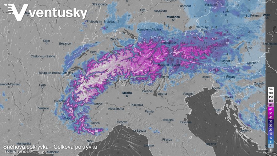  V polovině ledna leželo ve většina Alp výrazně podprůměrné množství sněhu 