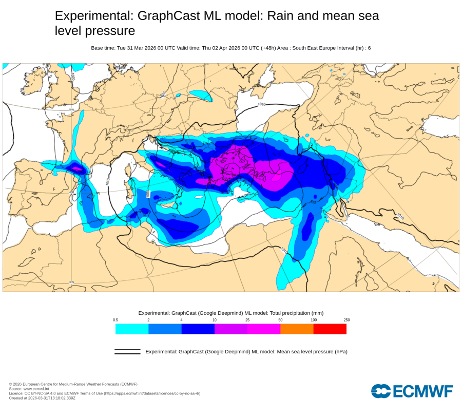  Výstup „AI“ modelu (GraphCast ML) – 6hodinová předpověď srážek pro minulý čtvrtek 