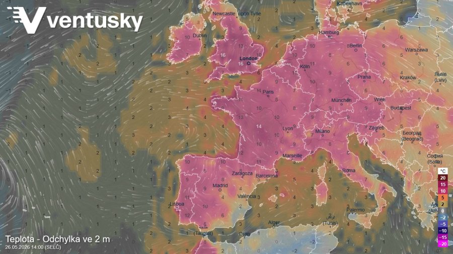 V západní Evropě jsou teploty o 10 až 16 stupňů vyšší než je dlouhodobý průměr (údaje platí pro úterní odpoledne)