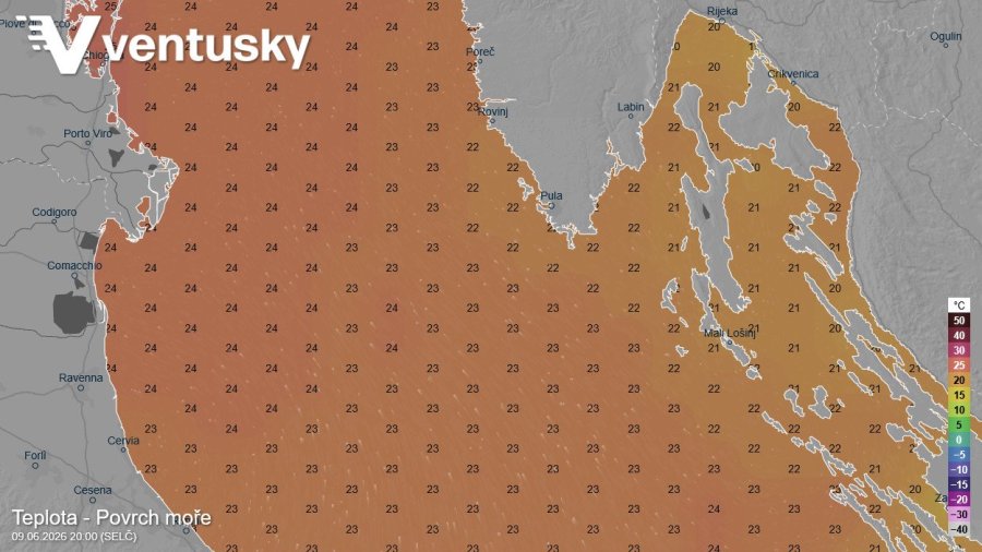  Aktuální teplota mořské vody je k dispozici v aplikaci Ventusky  