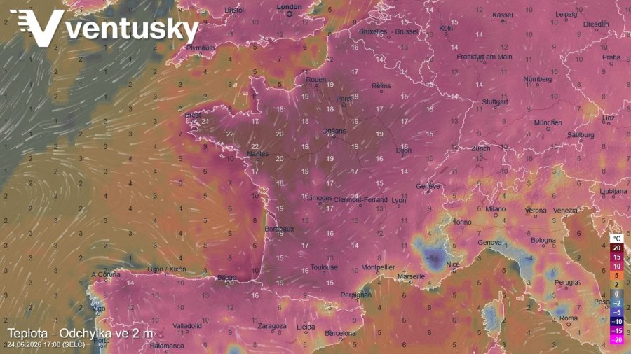 Středeční odpolední teploty ve Francii budou i o více než 20 °C nad dlouhodobým průměrem