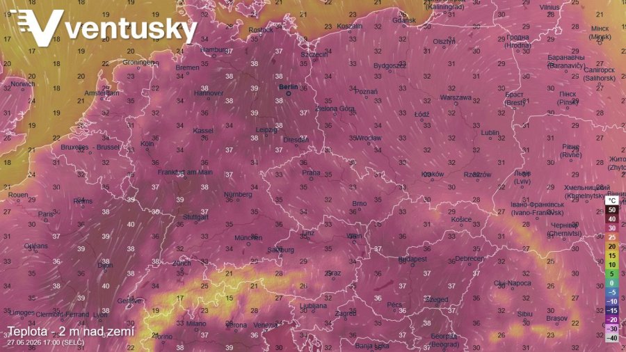 Očekávané teploty v sobotu pozdě odpoledne podle modelu ICON
