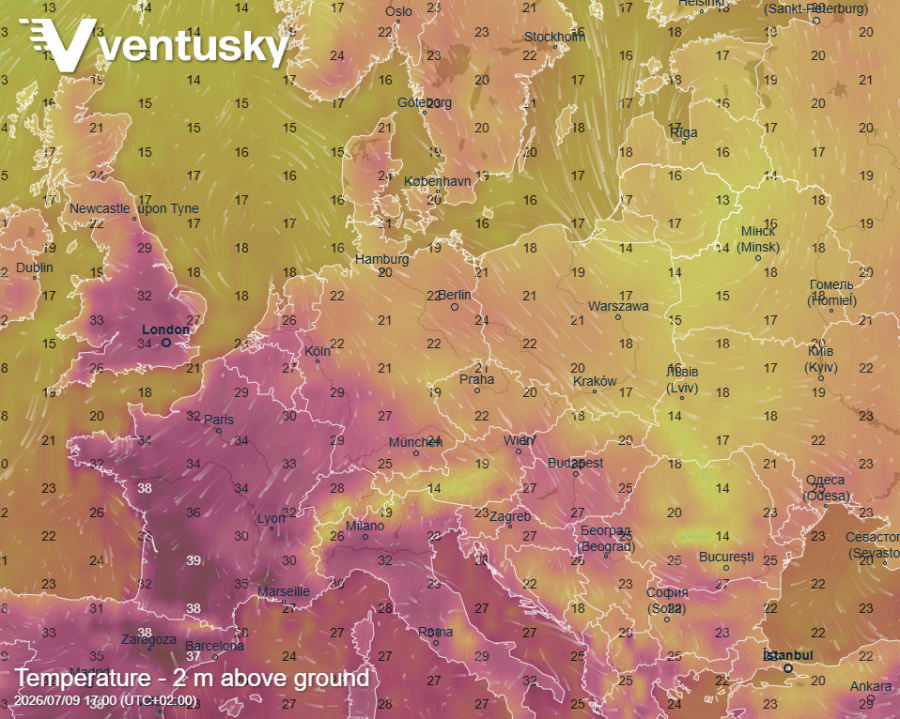 Teploty v Evropě ve čtvrtek