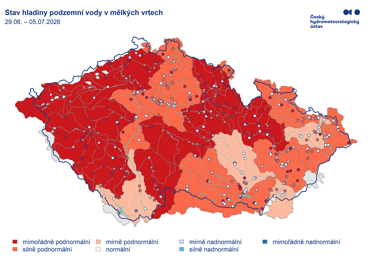 Hladina podzemní vody v mělkých vrtech byla uplynulém týdnu převážně mimořádně podnormální