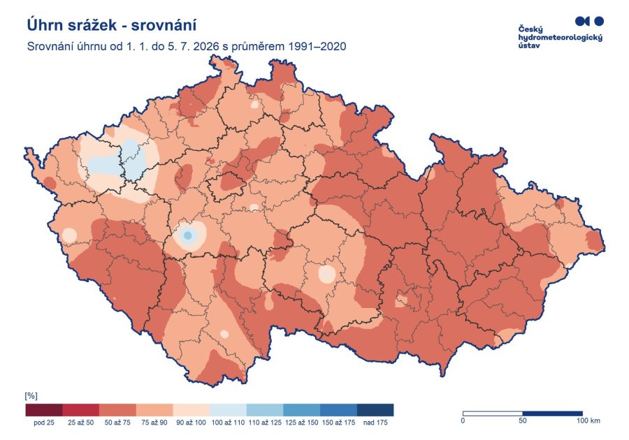 Množství srážek od začátku roku ve srovnání s průměrem 1991 až 2020