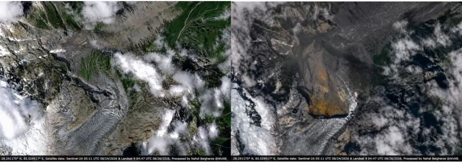 Srovnání situace před a po kolapsu ledovce pohledem satelitu Landsat 9 